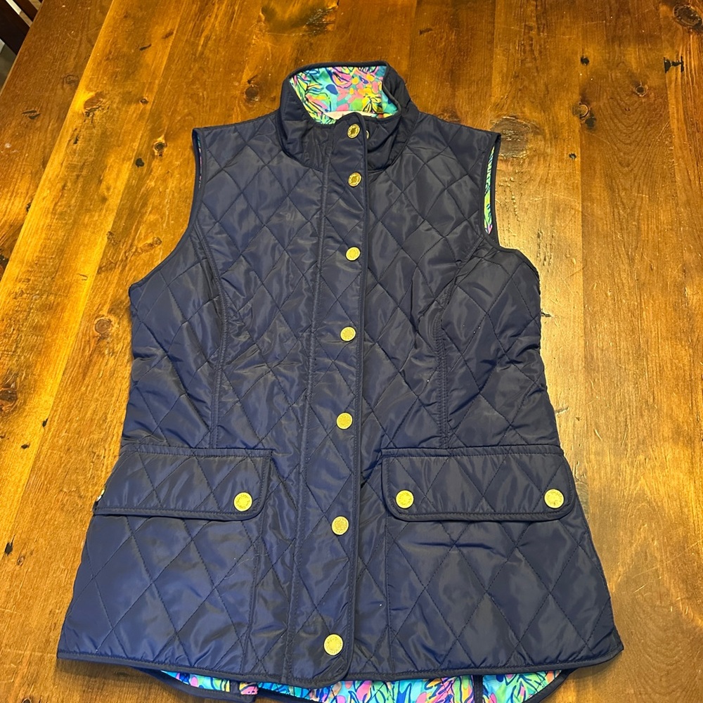 Lilly Pulitzer Navy Quilted Reversible Vest with Gold Buttons and Floral Lining